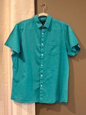 Marc Anthony Linen Aqua Short Sleeve Slim Fit Shirt, Spring Summer, Size Large